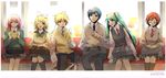  4girls alternate_costume bad_id bad_pixiv_id bag blazer bow bowtie closed_eyes contemporary digital_media_player earbuds earphones hatsune_miku jacket kagamine_len kagamine_rin kaito kiina kneehighs megurine_luka meiko multiple_boys multiple_girls necktie one_eye_closed school_uniform shared_earphones sitting socks sweater train_interior twintails vocaloid 