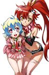  bikini_top blush breasts hair_ornament jacket jewelry long_hair medium_breasts mori_kotarou multicolored multicolored_eyes multicolored_hair multiple_girls navel nia_teppelin ponytail red_hair scarf short_hair short_shorts shorts skirt smile striped striped_scarf tengen_toppa_gurren_lagann thigh_gap thighhighs yellow_eyes yoko_littner 