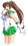  arikawa bishoujo_senshi_sailor_moon bow brown_hair choker elbow_gloves gloves green_choker green_eyes green_sailor_collar green_skirt hair_bobbles hair_ornament kino_makoto long_hair magical_girl pink_bow ponytail sailor_collar sailor_jupiter sailor_senshi_uniform skirt solo star star_choker super_sailor_jupiter tiara white_gloves 