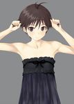  antenna_hair armpits bare_shoulders brown_eyes brown_hair bunching_hair dress flat_chest grey_background hair_grab idolmaster idolmaster_(classic) kikuchi_makoto kisugi_akira looking_at_viewer short_hair smile solo strapless strapless_dress 