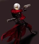  blue_eyes dante_(devil_may_cry) devil_may_cry dual_wielding ebony_&amp;_ivory gloves grey_background gun handgun holding male_focus pistol solo weapon white_hair 