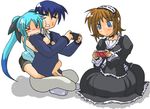  2girls biting blue_eyes blue_hair blush brown_hair chrono_harlaown handheld_game_console lyrical_nanoha mahou_shoujo_lyrical_nanoha mahou_shoujo_lyrical_nanoha_a's mahou_shoujo_lyrical_nanoha_a's_portable:_the_battle_of_aces material-l material-s multiple_girls playstation_portable twintails 
