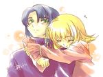  1girl ^_^ artist_request athrun_zala blonde_hair blue_hair blush bracelet cagalli_yula_athha closed_eyes green_eyes gundam gundam_seed gundam_seed_destiny hug hug_from_behind jewelry long_sleeves short_hair signature simple_background smile upper_body 