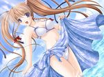  beach bikini blue_eyes blue_sarong braid brown_hair costume_player day dutch_angle game_cg long_hair narutaki_shin outdoors print_sarong ribbon sakurazaka_yuka sarong sarong_lift solo swimsuit twin_braids twintails white_bikini 