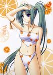  armband armpits bikini blue_eyes breasts cleavage cleavage_cutout food food_themed_clothes fruit green_hair halterneck long_hair medium_breasts navel navel_(company) official_art orange orange_slice ponytail side_ponytail solo soul_link suzuhira_hiro swimsuit very_long_hair yuu_yamanami 