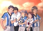  2girls 3boys argentina ball character_request kimi_kiss multiple_boys multiple_girls nyazui sakino_asuka soccer soccer_ball telstar world_cup 