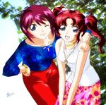  :d ;) blue_eyes blue_shirt collarbone floral_print gundam gundam_seed gundam_seed_destiny hand_gesture hand_on_hip hands_together jewelry leaf long_sleeves looking_at_viewer lunamaria_hawke meyrin_hawke multiple_girls neck_ring necklace one_eye_closed open_mouth pendant piggy_ho_ho pink_skirt red_hair red_skirt shirt siblings sisters skirt smile two_side_up v v_arms white_shirt 