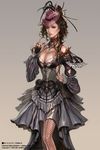  bag bra breasts brown_hair cleavage corset curly_hair dress earrings fishnets gothic gown granado_espada handbag hat jewelry lace large_breasts limha_lekan lingerie mole mole_under_eye parted_lips ring solo underwear victorian wand wizard_(granado_espada) 