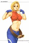  armpits belt blonde_hair blue_eyes blue_gloves blue_mary blush breasts buttons covered_nipples crop_top denim doujinshi fatal_fury fingerless_gloves fingernails gloves halterneck highres impossible_clothes impossible_shirt jeans large_breasts lips long_fingernails looking_at_viewer midriff muscle naughty_face navel pants puffy_nipples saigadou scan shirt short_hair simple_background skin_tight sleeveless sleeveless_shirt sleeveless_turtleneck smile snk solo standing sweat taut_clothes taut_shirt the_king_of_fighters toned turtleneck 