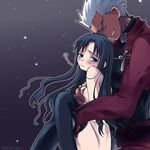  1girl archer clothed_male_nude_female dark_skin dark_skinned_male fate/stay_night fate_(series) long_sleeves lowres nude riku_r thighhighs toosaka_rin 