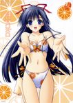  barefoot bikini blue_eyes blue_hair blush bow breasts cleavage feet food food_themed_clothes fruit hair_ribbon hands leg_lift long_hair medium_breasts nagase_sayaka navel_(company) official_art orange orange_(color) orange_slice outstretched_arms outstretched_hand reaching reference_work ribbon solo soul_link suzuhira_hiro swimsuit very_long_hair 