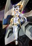  arm_up armpits black_gloves breasts cleavage cleavage_cutout dress garter_straps gloves kos-mos kos-mos_ver._4 long_hair looking_at_viewer medium_breasts momose_hisashi red_eyes silver_hair solo star_(sky) thighhighs white_legwear xenosaga xenosaga_episode_iii 