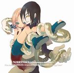  1girl animal black_hair blue_eyes boots carrying cowboy_shot earrings expressionless haruno_sakura hayashi_rin jewelry looking_at_viewer lowres naruto naruto_(series) no_legwear orochimaru pale_skin pink_hair princess_carry shorts simple_background snake standing white_background yellow_eyes 