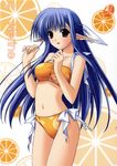  bikini blue_hair character_name half_updo long_hair navel_(company) nerine official_art orange_bikini pointy_ears red_eyes shuffle! solo suzuhira_hiro swimsuit 