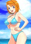  bikini blue_bikini blush breasts cloud covered_nipples day large_breasts looking_at_viewer my-hime nigou ocean open_mouth orange_hair outdoors purple_eyes short_hair sky smile solo swimsuit thighs tokiha_mai 