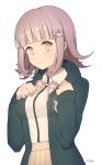  1girl aki_aiko artist_name bangs beige_skirt black_jacket breasts closed_mouth commentary_request danganronpa eyebrows_visible_through_hair flipped_hair hair_ornament hairclip hand_on_own_chest highres hood hoodie jacket long_sleeves looking_at_viewer nanami_chiaki pink_eyes pink_hair pink_neckwear pink_ribbon pleated_skirt ribbon shirt short_hair simple_background skirt smile solo super_danganronpa_2 upper_body white_background white_shirt 