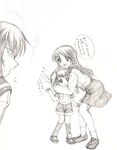  asahina_mikuru breast_envy graphite_(medium) kinagi_yuu kita_high_school_uniform kyon_no_imouto long_sleeves monochrome multiple_girls nagato_yuki school_uniform serafuku suzumiya_haruhi_no_yuuutsu traditional_media translated 