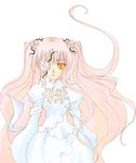  cantarella_(artist) detached_collar dress flower flower_eyepatch juliet_sleeves kirakishou long_hair long_sleeves looking_at_viewer pink_hair puffy_sleeves rose rozen_maiden simple_background solo thorns very_long_hair white_background white_dress 