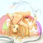  bikini blonde_hair blue_eyes breasts copyright_request hazakura_mitsuki hose large_breasts long_hair lying on_back sandals solo swimsuit transparent water 