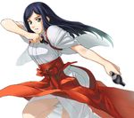  blue_hair green_eyes gun hakama japanese_clothes kuga_natsuki miko my-hime red_hakama simple_background solo tanaka_shoutarou tasuki weapon white_background 