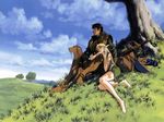  1girl 90s barefoot black_hair blonde_hair cloud day deedlit dog elf fantasy grass greaves looking_afar on_lap parn pointy_ears record_of_lodoss_war scenery sitting sky sword tree tree_shade wallpaper weapon yuuki_nobuteru 