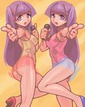  artist_request ass hair_ribbon high_heels kashiwagi_yuuma kashiwagi_yuuna lowres microphone multiple_girls one_side_up pani_poni_dash! panties pointing purple_eyes purple_hair ribbon see-through shoes siblings sisters skirt twins underwear 