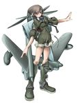  aircraft airplane boots brown_hair bv_138 cross cross_patty dress greek_cross green_footwear headphones iron_cross mecha_musume military military_uniform nano necktie original personification robot_ears solo uniform world_war_ii zipper 