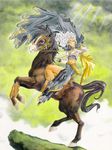  90s aa_megami-sama cape cloud facial_mark fine_art_parody forehead_mark fujishima_kousuke horse horseback_riding light long_sleeves napoleon_crossing_the_alps parody rearing riding solo urd white_hair 