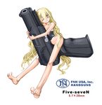  :3 barefoot blonde_hair brown_eyes feet five-seven_(gun) gun handgun long_hair long_legs minigirl nano nude original personification pistol soles solo toes weapon 