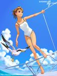  balancing barefoot bird boat brown_eyes brown_hair casual_one-piece_swimsuit cloud copyright_request day feet fisheye flat_chest one-piece_swimsuit railing short_hair sky solo swimsuit tern tiptoes watercraft wind yuuki_katsuhiko 