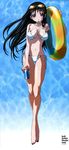 absurdres bikini black_hair breasts brown_eyes can cleavage gotou_keiji highres innertube keiji_gotoh's_wonder_land large_breasts long_hair midriff mouth_hold nail_polish side-tie_bikini solo standing sunglasses swimsuit toe-point toes 