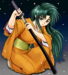  green_hair japanese_clothes jochuu-san long_sleeves lowres oekaki original solo sword weapon yagisaka_seto 
