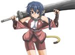  animal_ears ass_visible_through_thighs blue_eyes blue_hair braid breasts bridal_gauntlets cameltoe chain collar covered_nipples cowboy_shot holding holding_sword holding_weapon huge_weapon japanese_clothes karura_(utawareru_mono) large_breasts long_hair long_sleeves metal_collar shiny shiny_clothes shiny_hair simple_background solo standing sword tail thigh_gap utawareru_mono weapon white_background 
