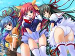  3girls aozora_kotori ass blouse blue_eyes blue_hair blue_panties brown_eyes brown_hair covering covering_crotch everyone game_cg hair_ribbon iruma_garasu long_hair looking_back mochizuki_nozomu multiple_girls neckerchief okano_suzune orange_shirt panties pantyshot pink_panties ponytail red_hair ribbon sailor_collar_lift school_uniform serafuku shirt skirt skirt_tug thigh_gap thighhighs thighs trefoil underwear white_legwear white_panties wind wind_lift 