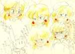  90s alternate_hair_color angry annoyed blonde_hair blue_eyes capelet chibi concept_art freckles grandia grandia_i guido_(grandia) hontani_toshiaki official_art sketch sue_(grandia) sweatdrop tears traditional_media translation_request watercolor_(medium) |_| 