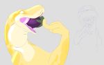 2019 anthro digital_media_(artwork) eating eggplant eyelashes female food fruit grey_background long_neck multicolored_scales neck_bulge open_mouth reptile scales scalie simple_background sketch snake solo tacokurt two_tone_scales white_scales yellow_eyes yellow_scales 