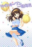  blush brown_hair cheerleader kneehighs long_hair navel open_mouth pleated_skirt pom_poms shoes skirt solo suzumiya_haruhi suzumiya_haruhi_no_yuuutsu thighs uehiro wince 