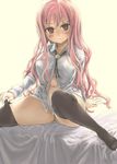  arm_support asanagi blush curvy frown long_hair long_sleeves looking_at_viewer louise_francoise_le_blanc_de_la_valliere navel no_panties open_clothes open_shirt pentacle pink_eyes pink_hair shirt sitting solo thick_thighs thighhighs thighs undressing zero_no_tsukaima 