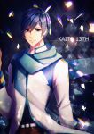  1boy absurdres anniversary artist_name belt blue_eyes blue_hair blue_scarf broken_glass character_name checkered checkered_background coat glass hand_up highres kaito lens_flare rainbow scarf smile solo upper_body vocaloid yen-mi 