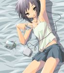  album_cover armpits arms_up bed_sheet blue_skirt breasts brown_hair camisole cd_player cleavage collarbone cover earphones expressionless nagato_yuki nilitsu on_bed parted_lips photo purple_hair short_hair skirt small_breasts solo suzumiya_haruhi_no_yuuutsu tank_top walkman 