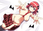  1girl areolae bat_hair_ornament bed_sheet blush breasts gabriel_dropout hair_ornament hair_rings inverted_nipples kurumizawa_satanichia_mcdowell large_breasts looking_at_viewer lying naruse_mai navel nipples on_back outstretched_arms plaid plaid_skirt purple_eyes pussy red_hair skirt smile solo uncensored 