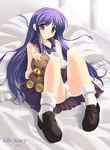  bear bed blouse blue_hair bow bowtie kuma752 long_hair lying miniskirt on_back original panties pleated_skirt purple_eyes school_uniform shoes skirt sleeveless socks solo stuffed_animal stuffed_toy teddy_bear underwear white_legwear white_panties 