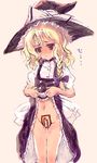  blonde_hair braid hat kirisame_marisa maebari navel no_panties nokishita side_braid sketch skirt skirt_lift solo touhou witch_hat 