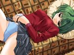  blue_panties comic_party game_cg green_eyes green_hair long_sleeves lying miniskirt mitsumi_misato on_back ooba_eimi panties pantyshot pantyshot_(lying) pillow pleated_skirt skirt skirt_lift solo turtleneck underwear 