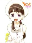  :d bare_shoulders behind_back brown_hair choko_(chokotto_sister) chokotto_sister dress flower hat jewelry long_hair necklace open_mouth pendant purple_eyes shaded_face sidelocks simple_background sleeveless sleeveless_dress smile solo takeuchi_sakura white_background 