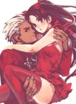  1girl archer artist_request bare_shoulders blonde_hair blush brown_hair dark_skin dark_skinned_male dress fate/stay_night fate_(series) green_eyes hair_ribbon long_hair long_legs person_carrying red_dress red_legwear ribbon simple_background smile thighhighs toosaka_rin two_side_up white_background zettai_ryouiki 