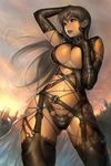  alien1452 armor belt black_gloves boots breasts brown_eyes brown_hair buckle cleavage contrapposto copyright_request dark_skin ear_piercing elbow_gloves fantasy gloves grabbing hand_on_own_head highres large_breasts leather long_hair navel piercing solo standing strap sunset thigh_boots thighhighs thighs 