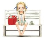  backpack bag bare_shoulders barefoot bench blonde_hair blue_eyes blush copyright_request feet panties randoseru shoes_removed sitting sketch sody solo twintails underwear 