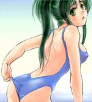  adjusting_clothes adjusting_swimsuit arched_back ass back casual_one-piece_swimsuit green_eyes green_hair jochuu-san leaning_forward looking_back lowres oekaki one-piece_swimsuit open_mouth original ponytail solo swimsuit water wet yagisaka_seto 