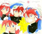  90s angry concept_art goggles grandia grandia_i hat hontani_toshiaki justin_(grandia) male_focus no_hat no_headwear official_art red_hair sketch smile traditional_media translation_request watercolor_(medium) 